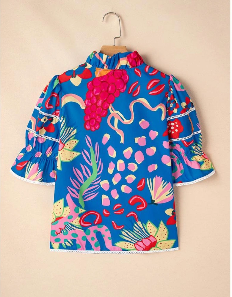 Blue Abstract Print Frilled Collar Ruffled Puff Short Sleeve Top