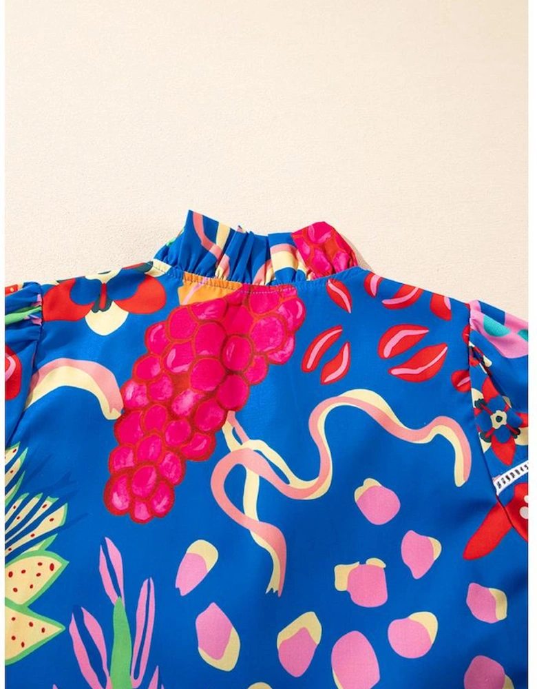 Blue Abstract Print Frilled Collar Ruffled Puff Short Sleeve Top