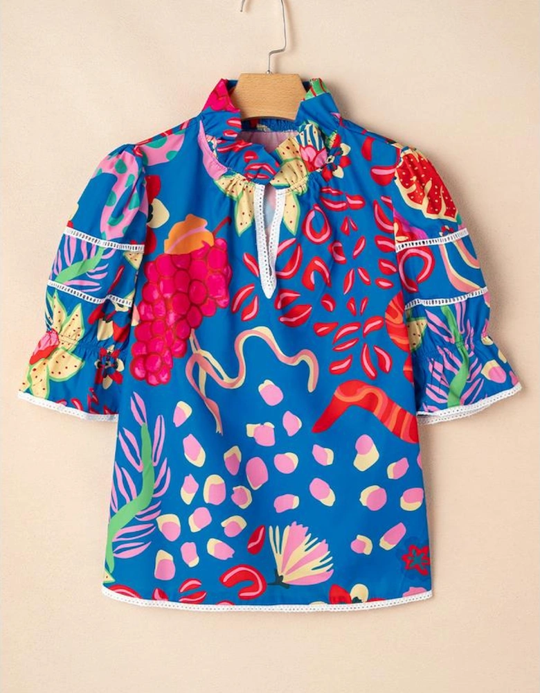 Blue Abstract Print Frilled Collar Ruffled Puff Short Sleeve Top