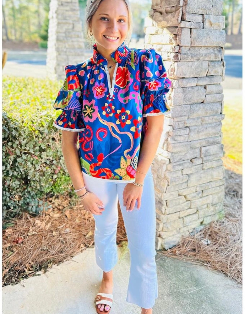 Blue Abstract Print Frilled Collar Ruffled Puff Short Sleeve Top