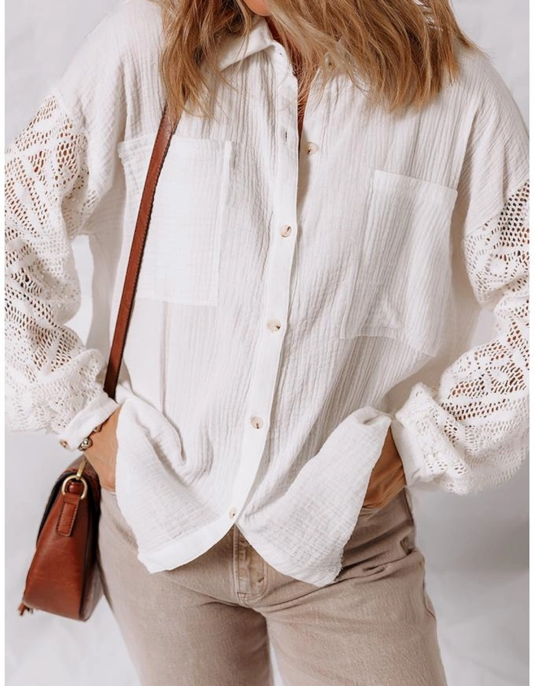 White Cotton Gauze Lace Patchwork Long Sleeve Shirt