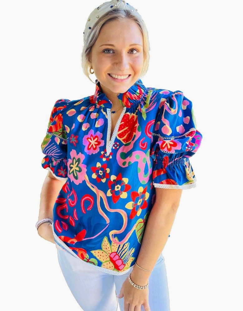 Blue Abstract Print Frilled Collar Ruffled Puff Short Sleeve Top