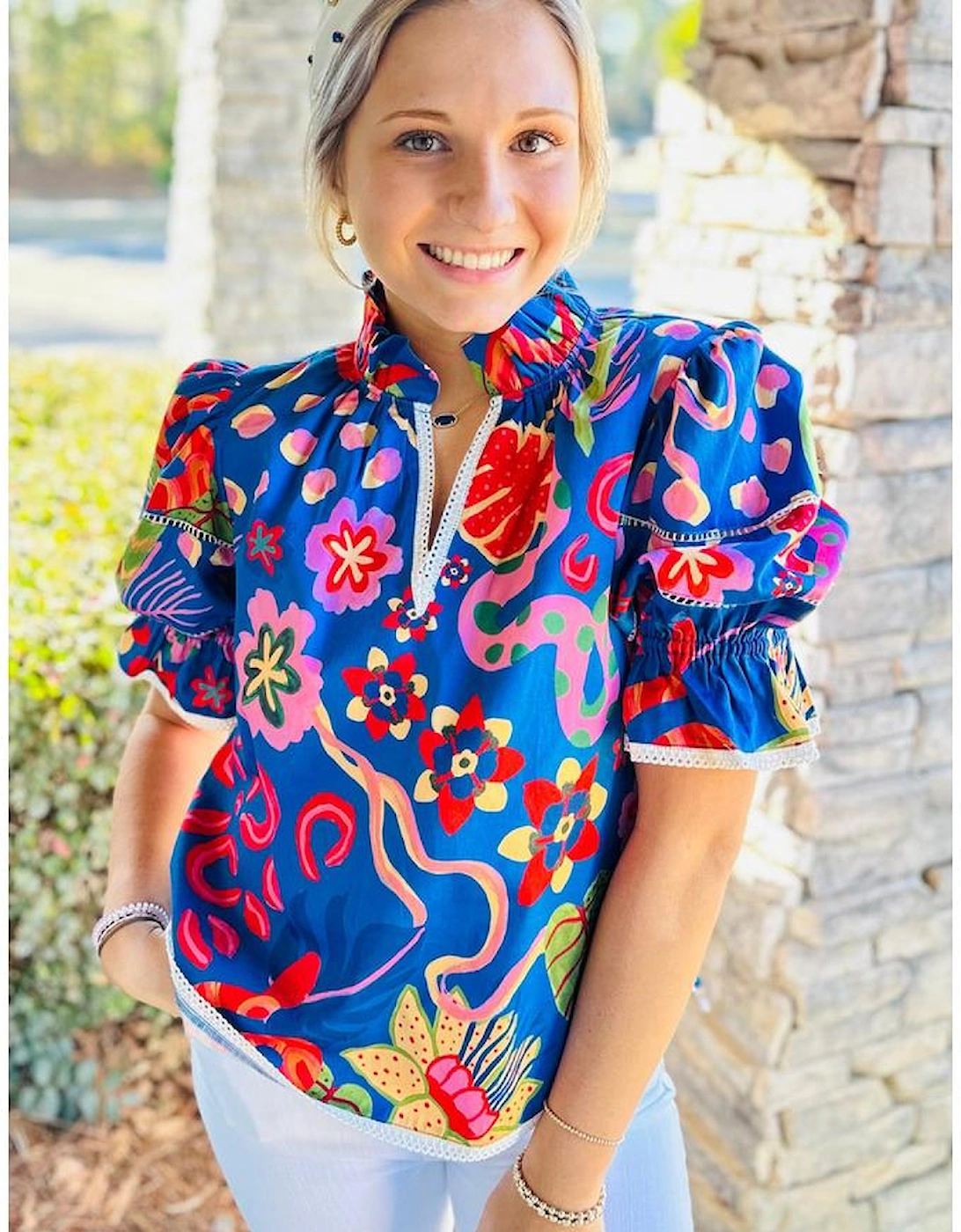 Blue Abstract Print Frilled Collar Ruffled Puff Short Sleeve Top