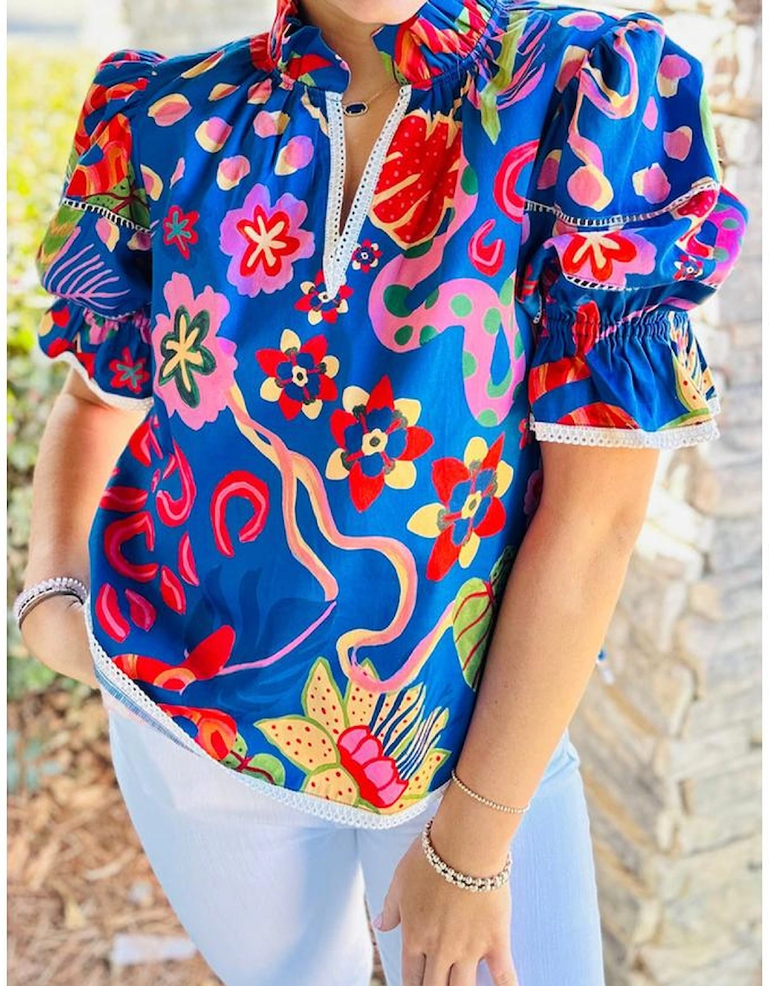 Blue Abstract Print Frilled Collar Ruffled Puff Short Sleeve Top