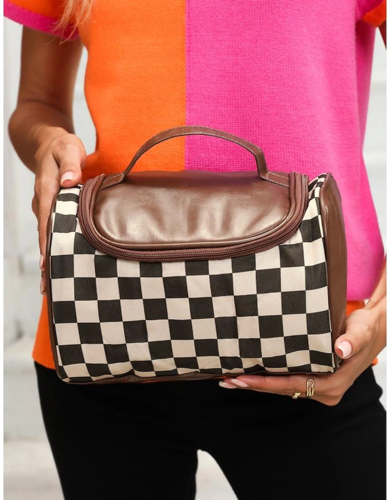 Black Checkered PU Leather Zipper Makeup Bag
