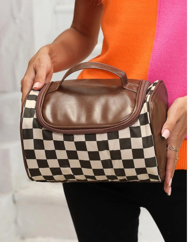 Black Checkered PU Leather Zipper Makeup Bag