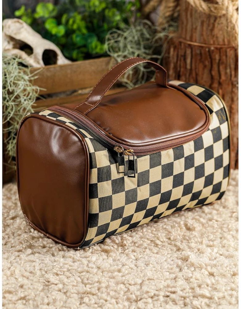 Black Checkered PU Leather Zipper Makeup Bag