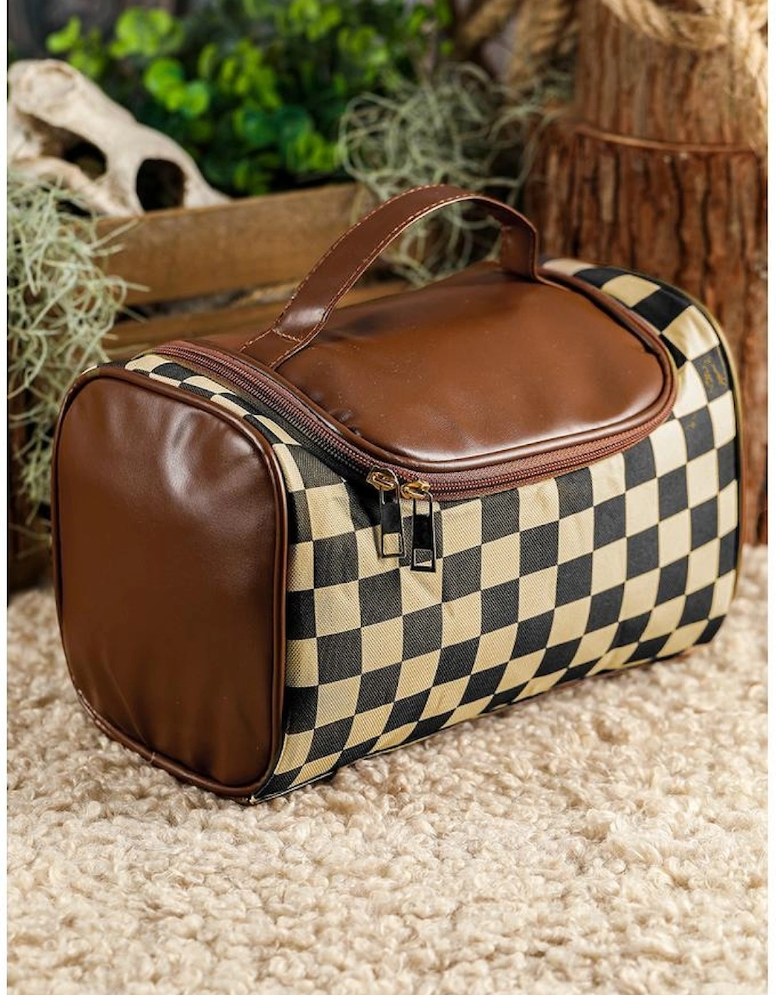 Black Checkered PU Leather Zipper Makeup Bag, 15 of 14