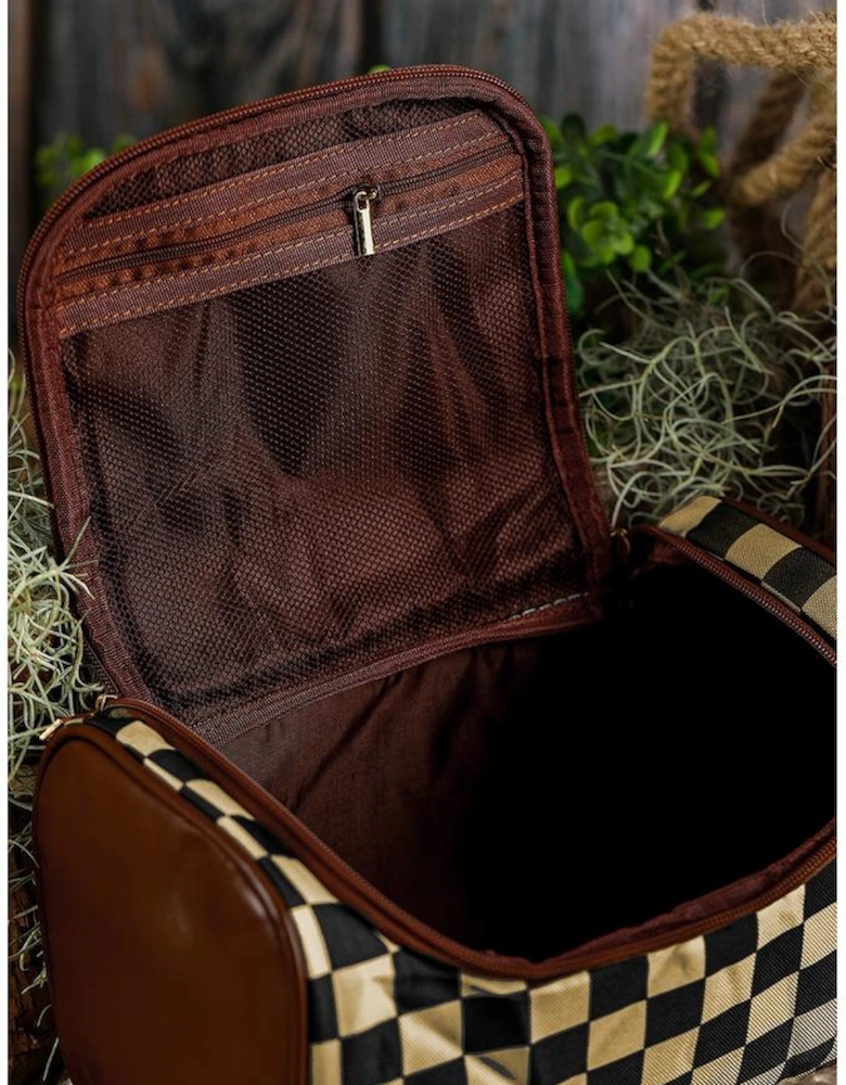 Black Checkered PU Leather Zipper Makeup Bag