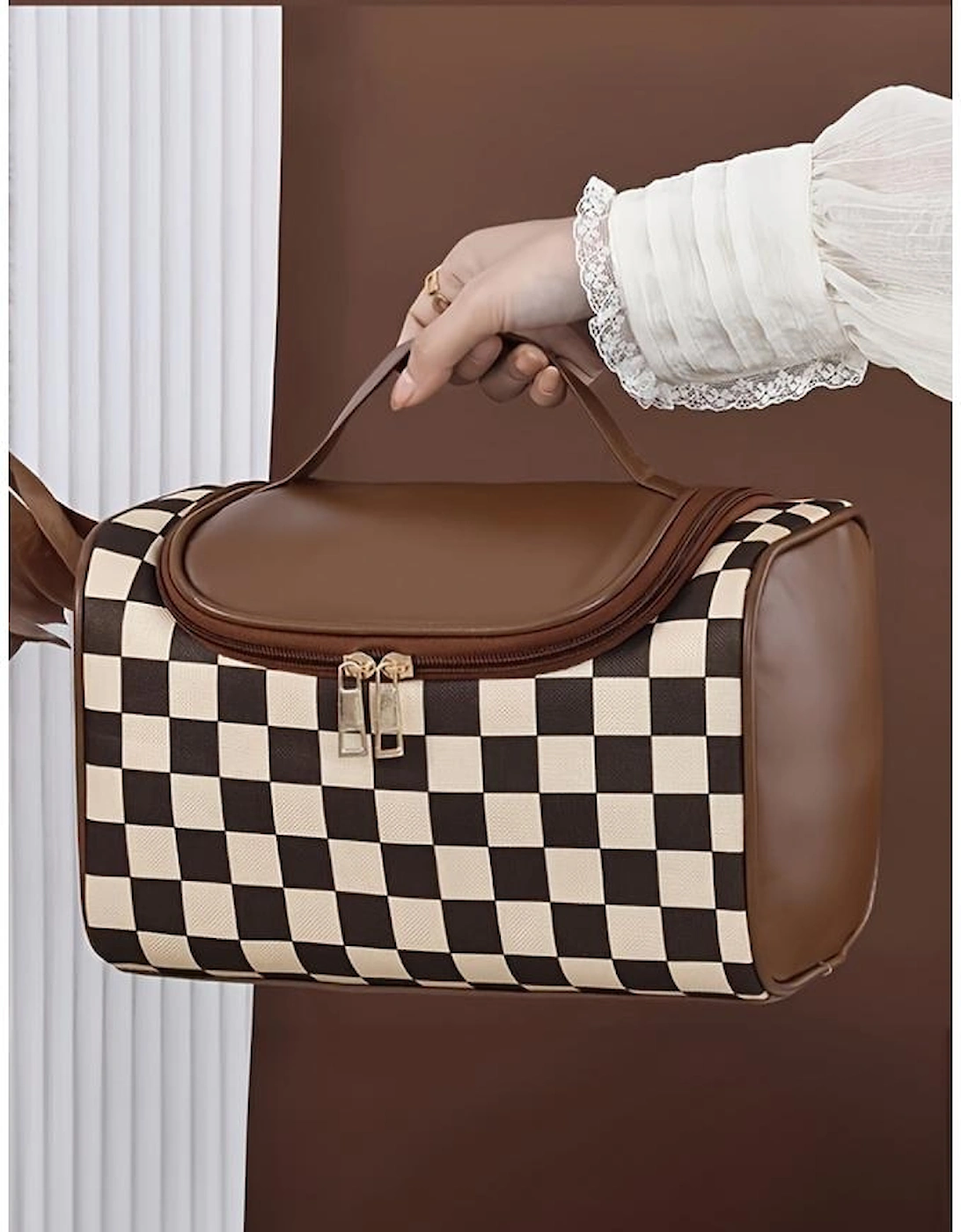 Black Checkered PU Leather Zipper Makeup Bag