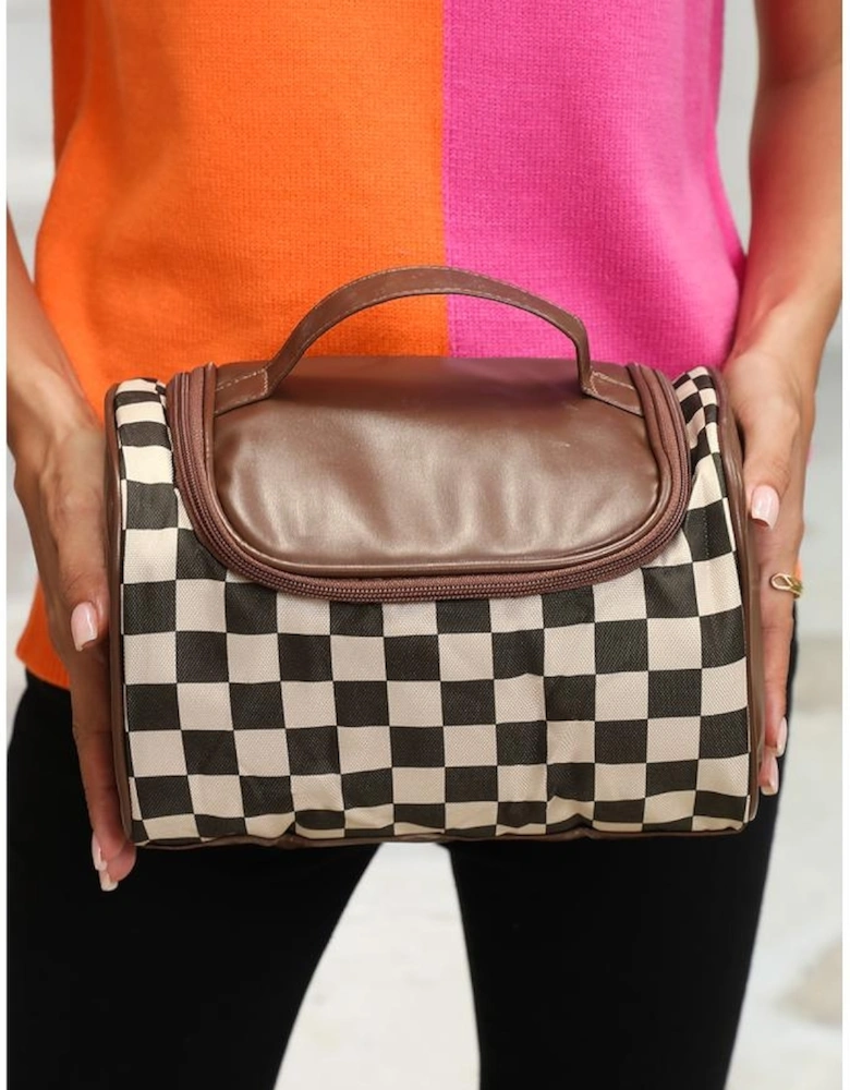 Black Checkered PU Leather Zipper Makeup Bag