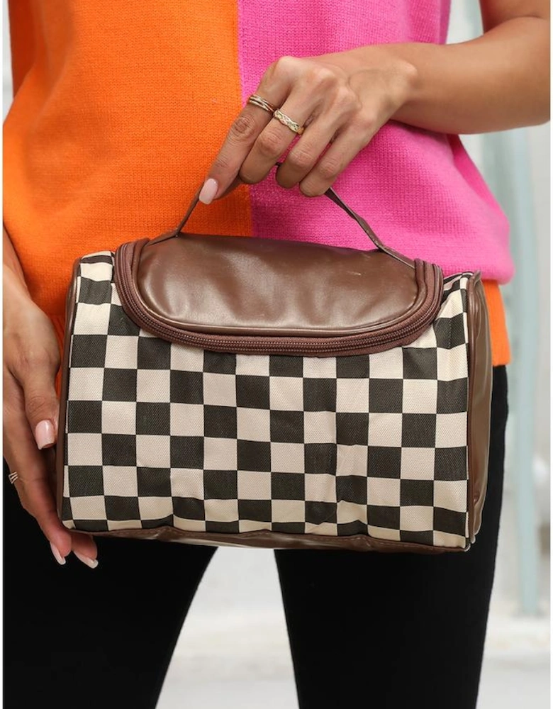 Black Checkered PU Leather Zipper Makeup Bag