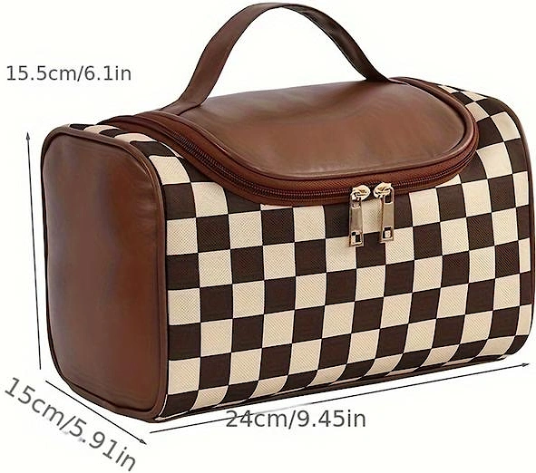 Black Checkered PU Leather Zipper Makeup Bag