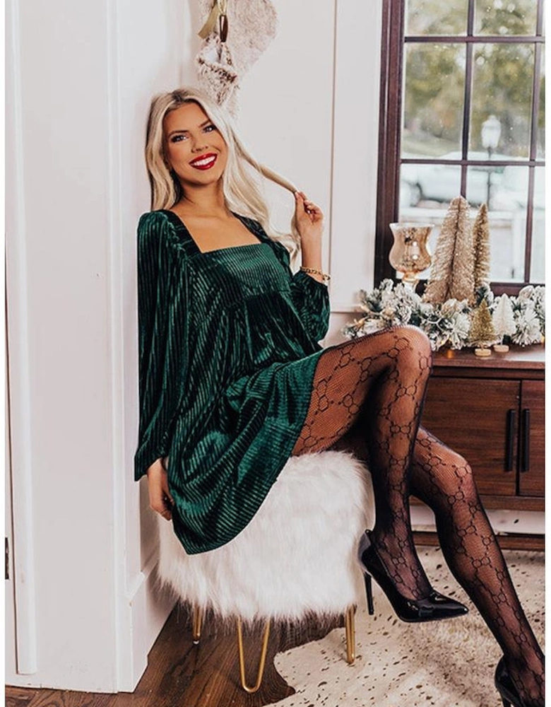 Azura Exchange Green Tie Back Square Neck Velvet Babydoll Dress