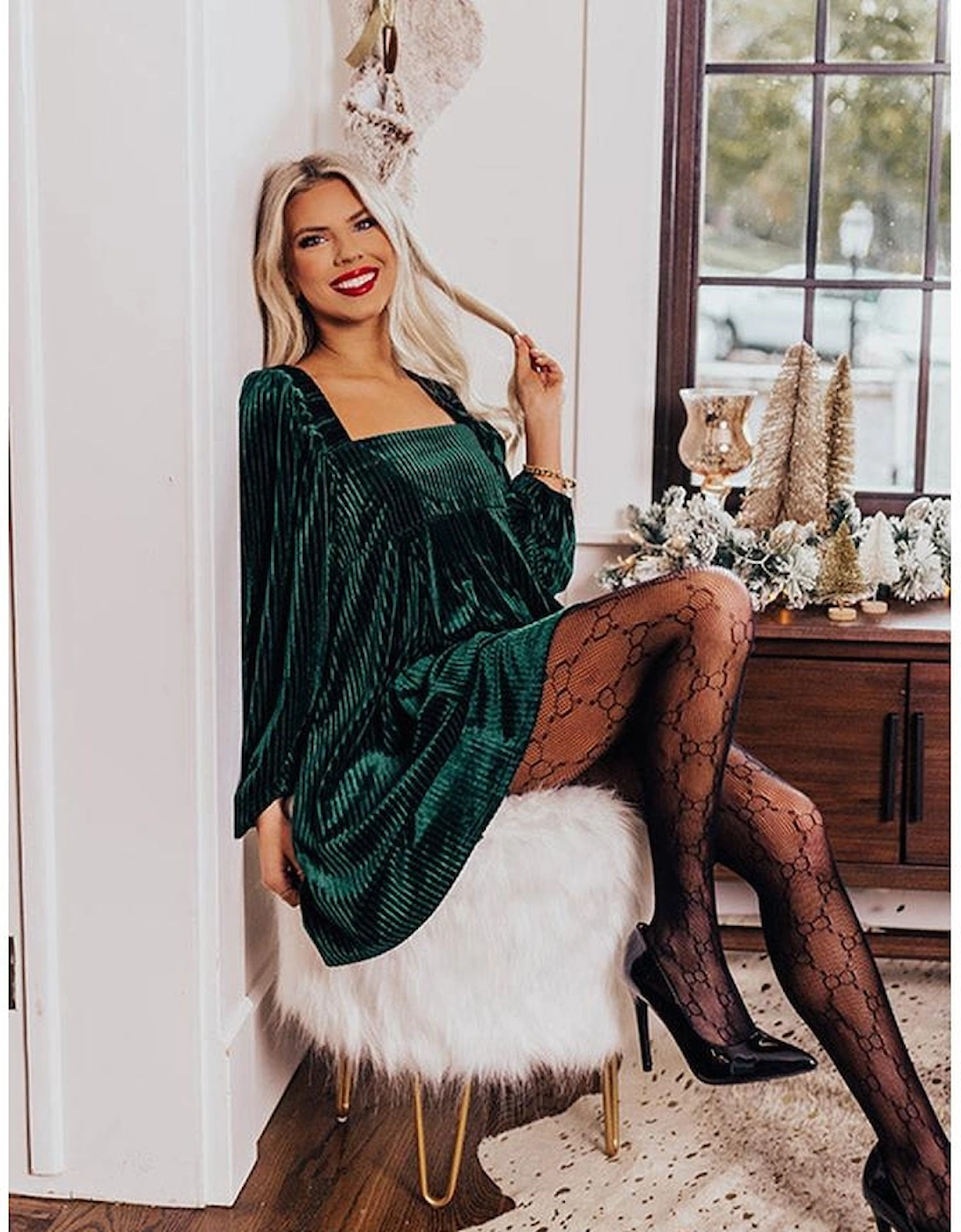 Azura Exchange Green Tie Back Square Neck Velvet Babydoll Dress