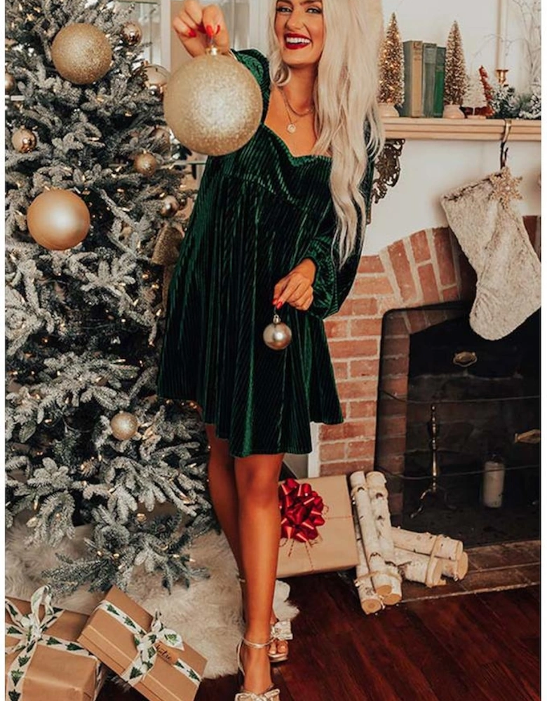 Azura Exchange Green Tie Back Square Neck Velvet Babydoll Dress