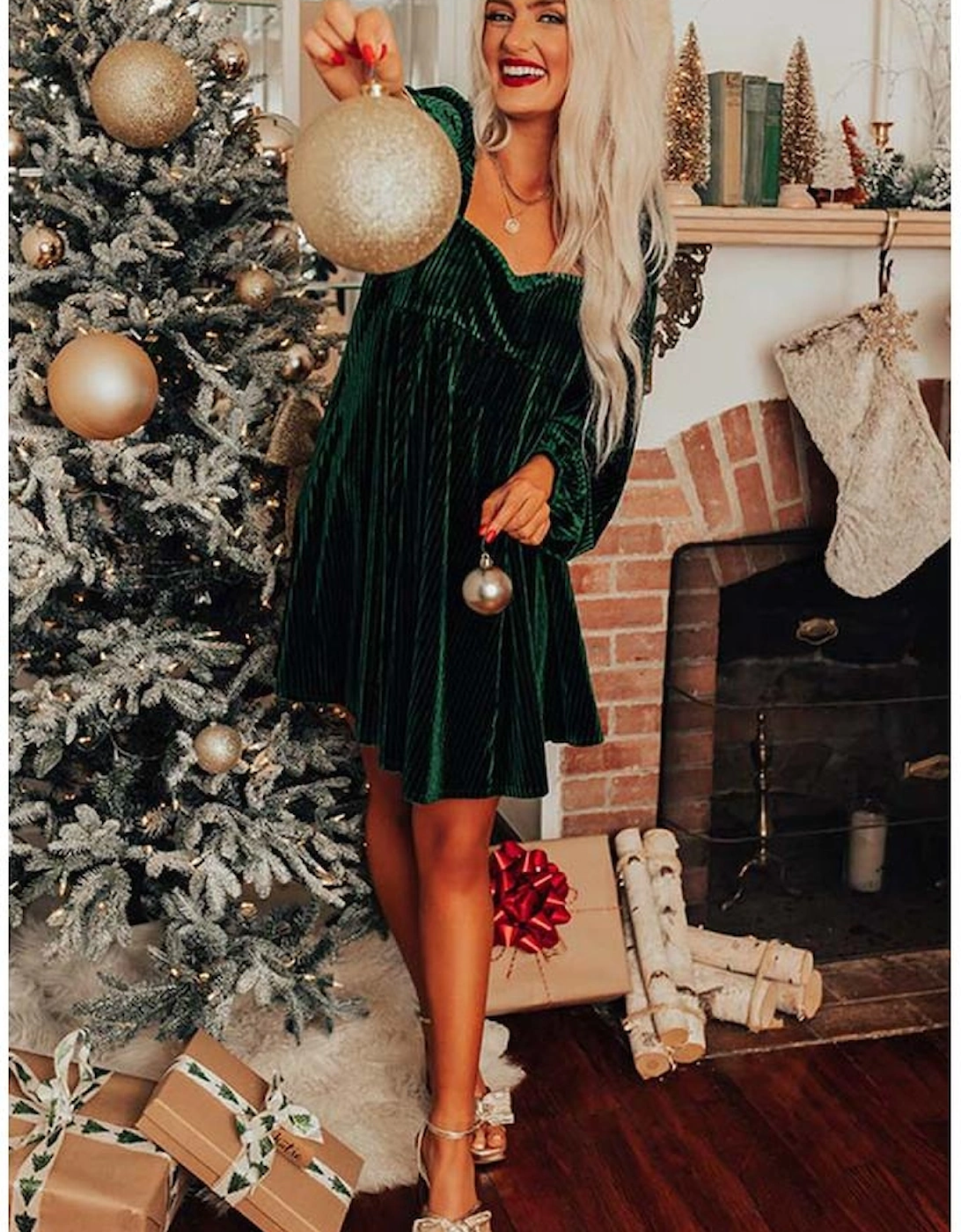 Azura Exchange Green Tie Back Square Neck Velvet Babydoll Dress