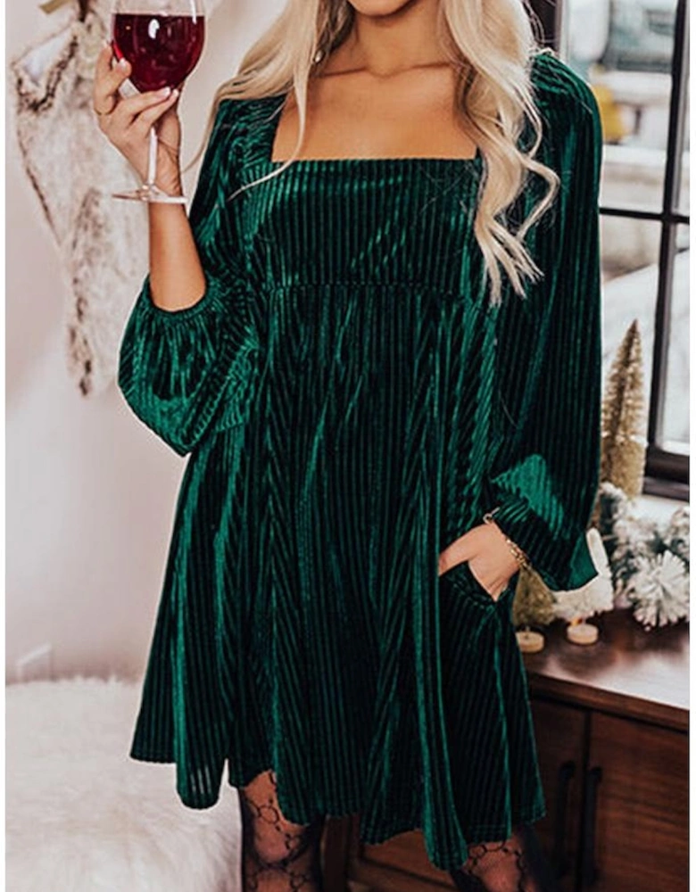 Azura Exchange Green Tie Back Square Neck Velvet Babydoll Dress
