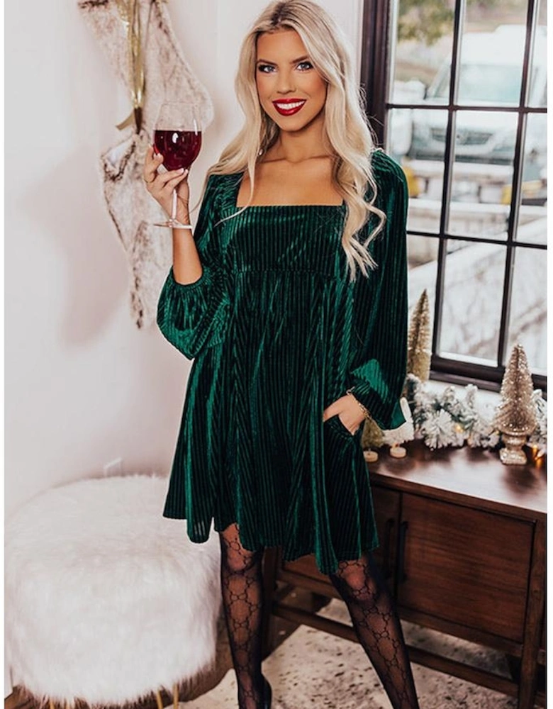 Azura Exchange Green Tie Back Square Neck Velvet Babydoll Dress