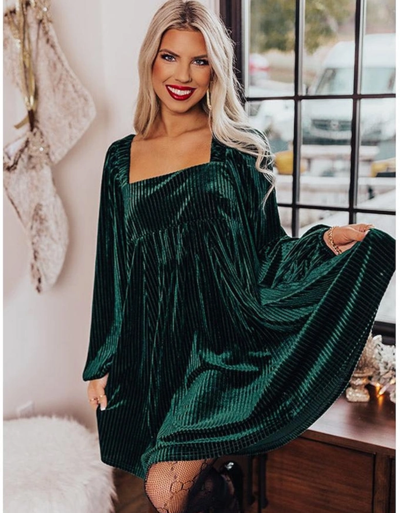 Azura Exchange Green Tie Back Square Neck Velvet Babydoll Dress