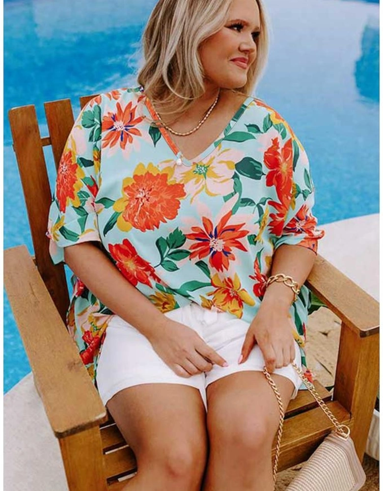 Sky Blue Plus Size Floral Print V Neck Batwing Sleeve Blouse