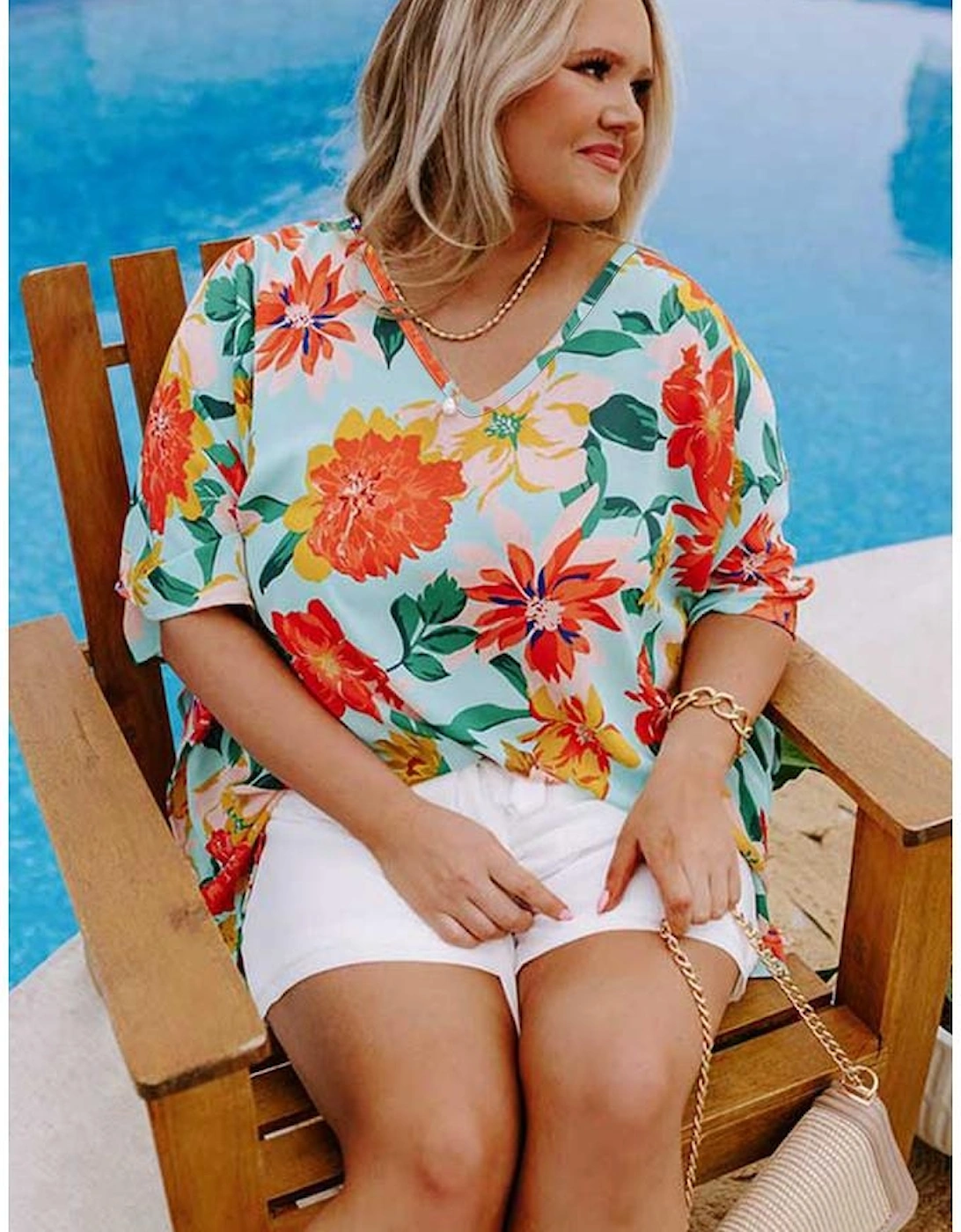 Sky Blue Plus Size Floral Print V Neck Batwing Sleeve Blouse