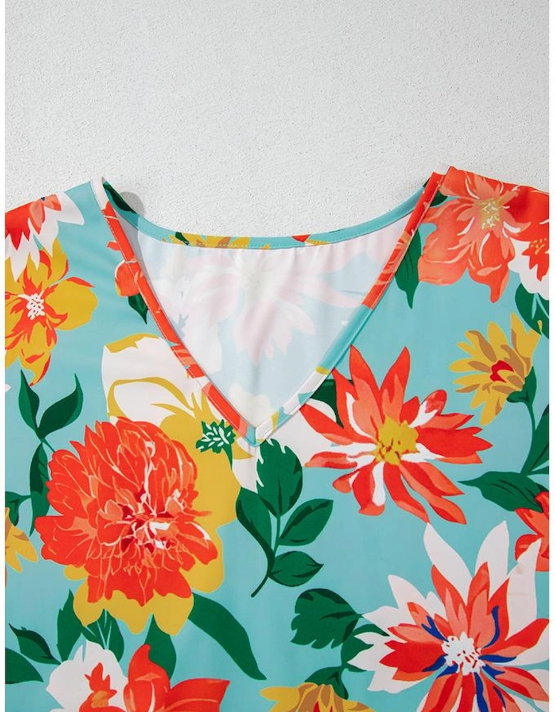 Sky Blue Plus Size Floral Print V Neck Batwing Sleeve Blouse