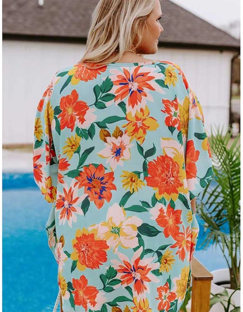 Sky Blue Plus Size Floral Print V Neck Batwing Sleeve Blouse