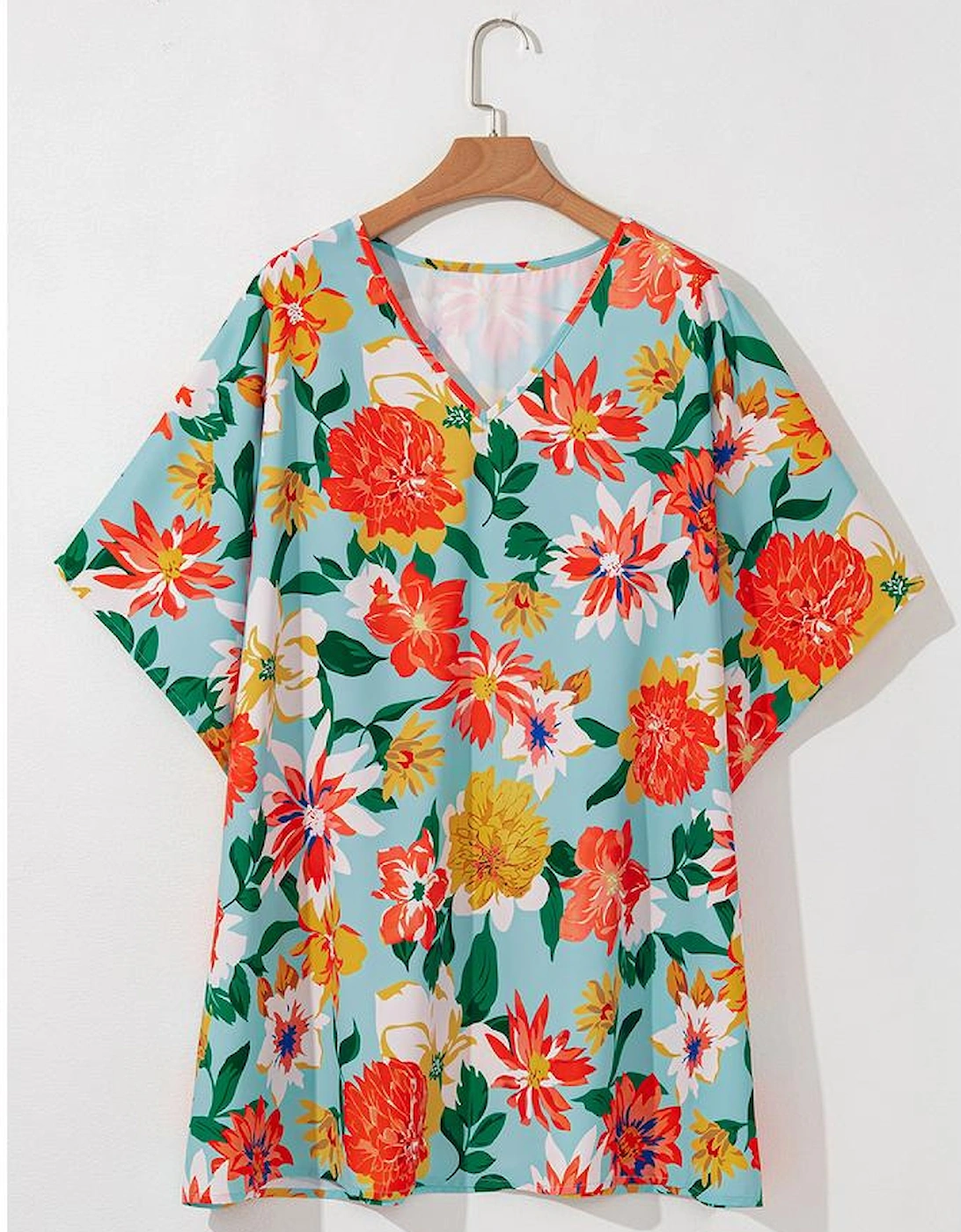 Sky Blue Plus Size Floral Print V Neck Batwing Sleeve Blouse