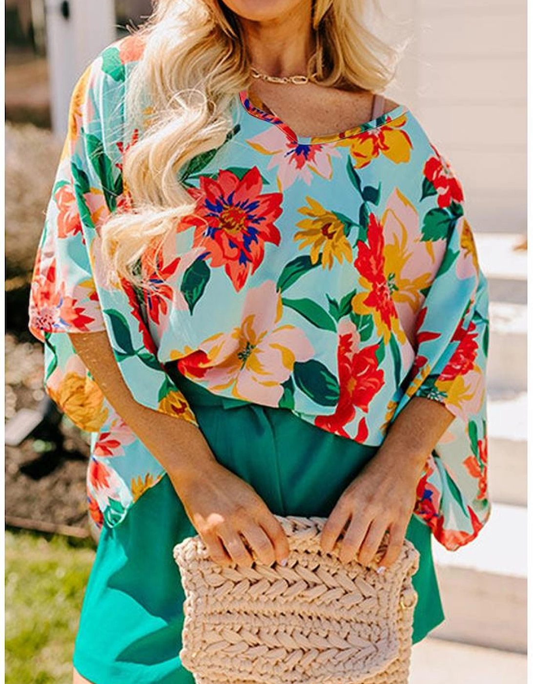 Sky Blue Plus Size Floral Print V Neck Batwing Sleeve Blouse, 13 of 12