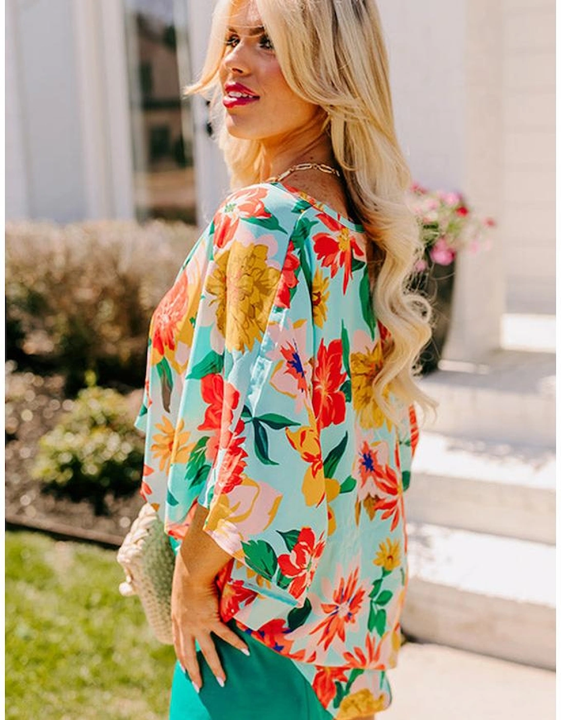 Sky Blue Plus Size Floral Print V Neck Batwing Sleeve Blouse