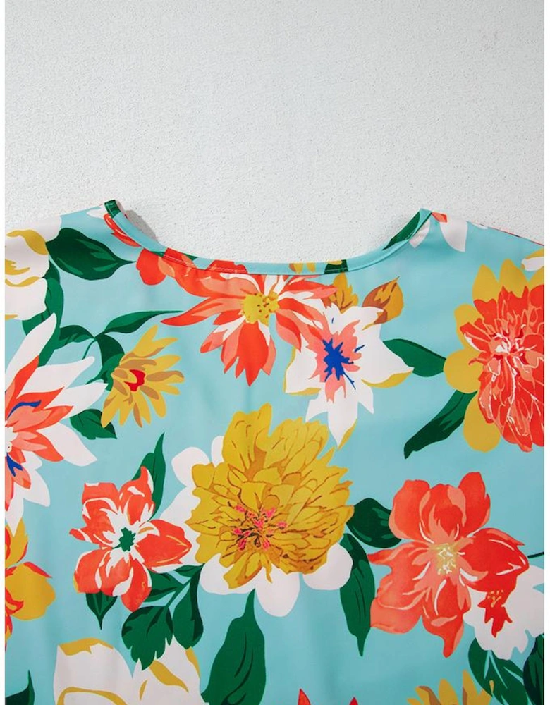 Sky Blue Plus Size Floral Print V Neck Batwing Sleeve Blouse