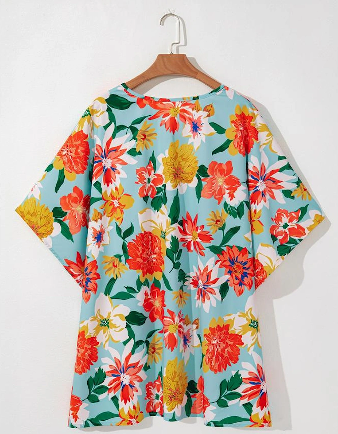 Sky Blue Plus Size Floral Print V Neck Batwing Sleeve Blouse