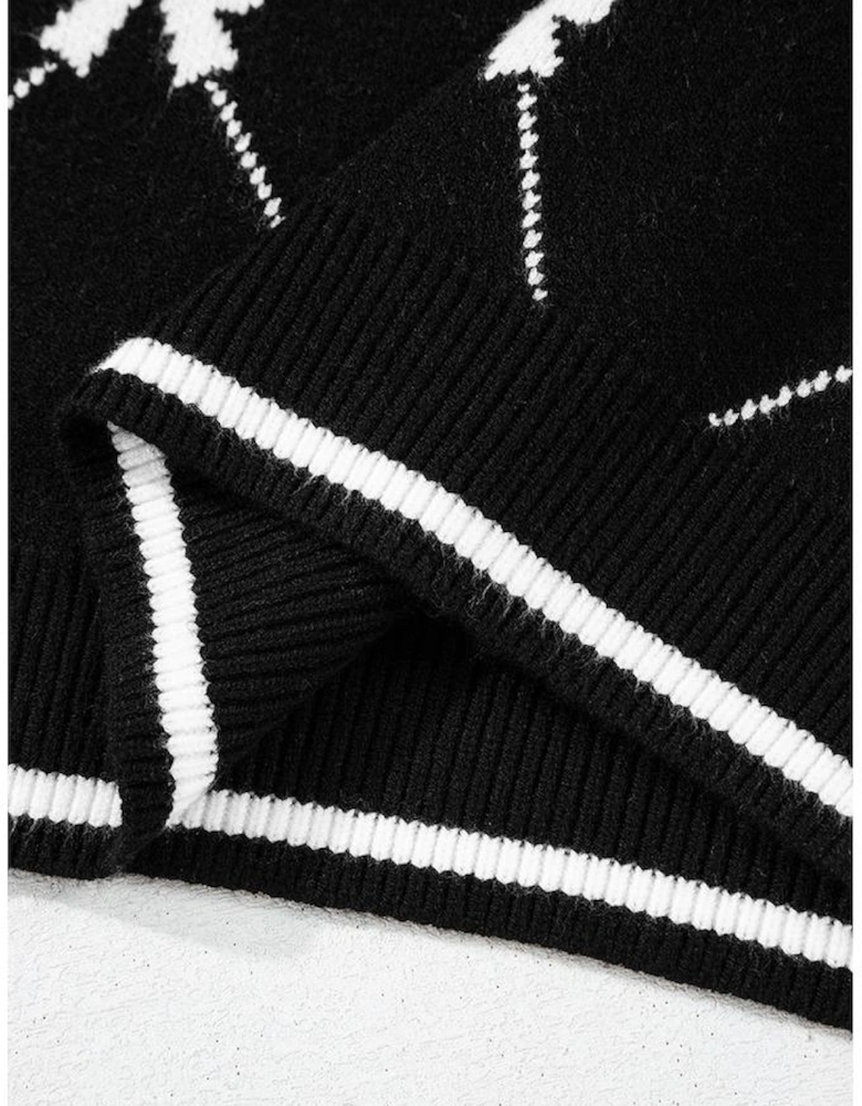 Black Preppy Vibes Bow Print Zipped Collar Sweater Tee