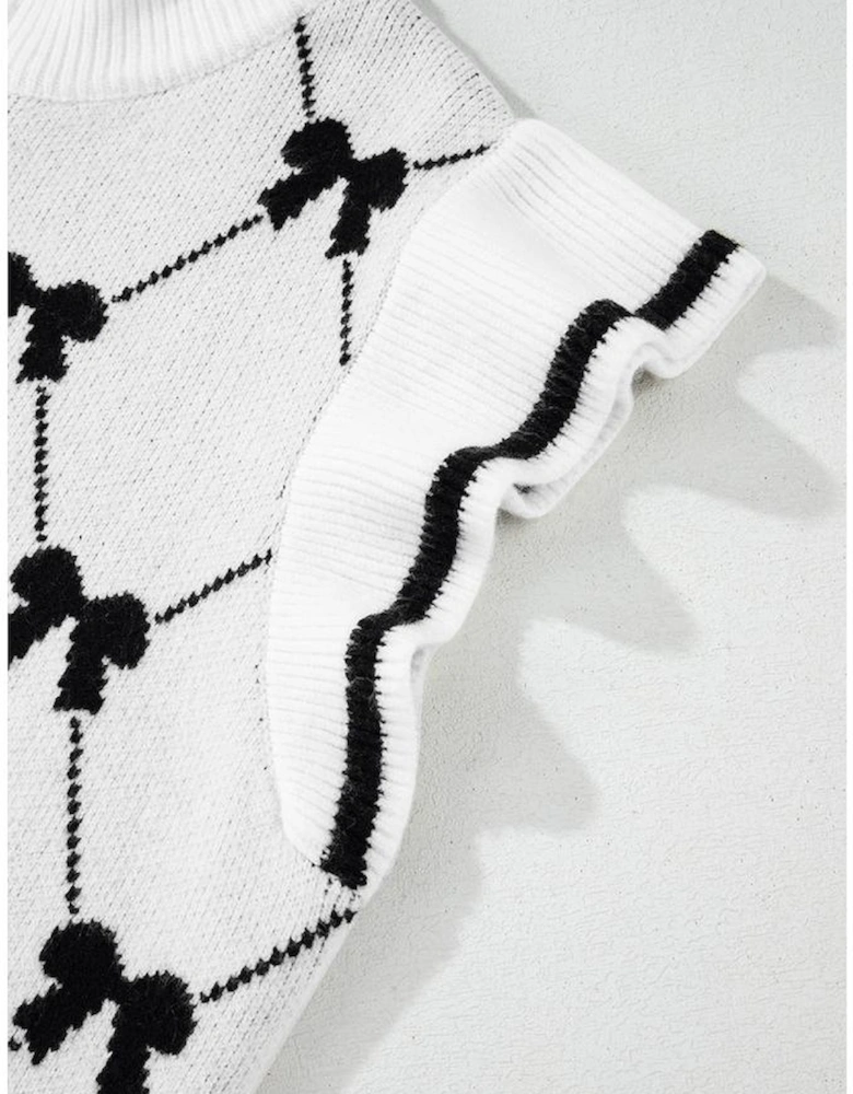 Black Preppy Vibes Bow Print Zipped Collar Sweater Tee