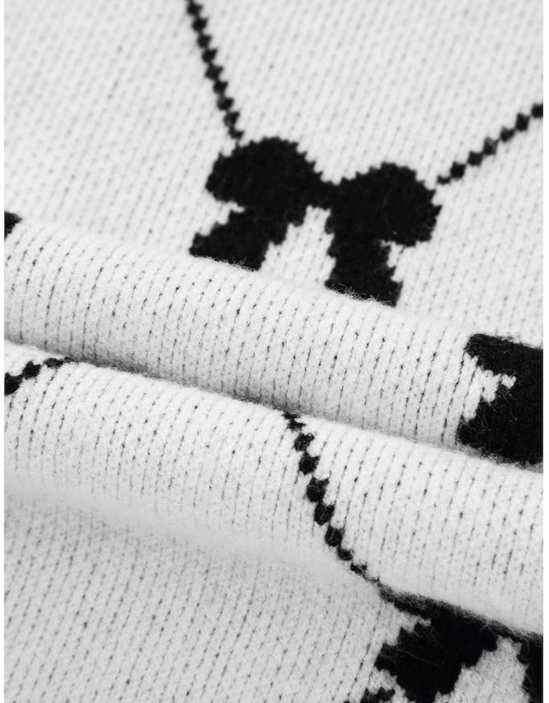 Black Preppy Vibes Bow Print Zipped Collar Sweater Tee