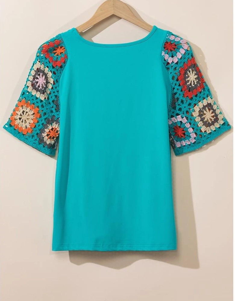 Turquoise Floral Crochet Short Sleeve Top