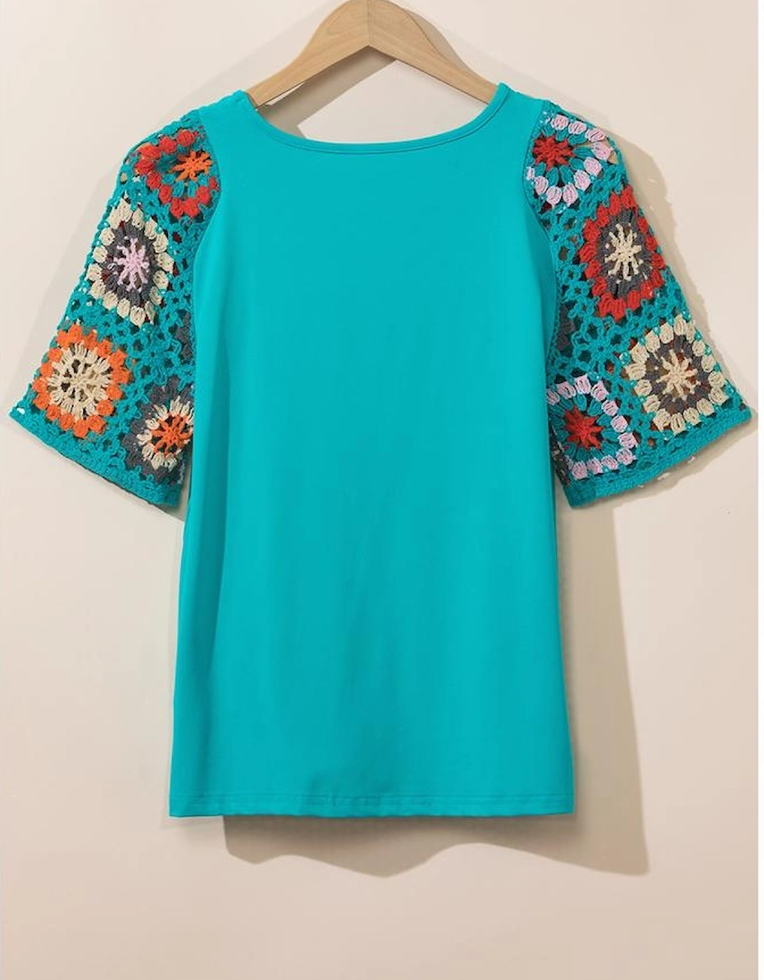 Turquoise Floral Crochet Short Sleeve Top
