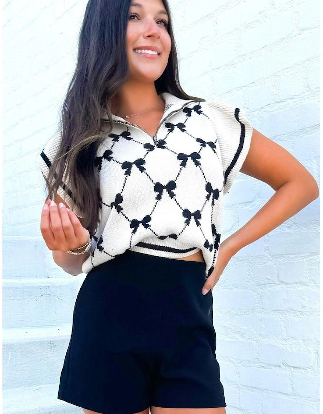 Black Preppy Vibes Bow Print Zipped Collar Sweater Tee, 16 of 15