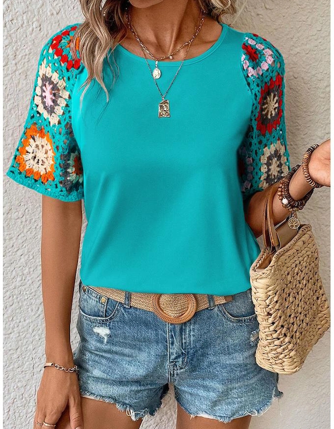 Turquoise Floral Crochet Short Sleeve Top, 8 of 7