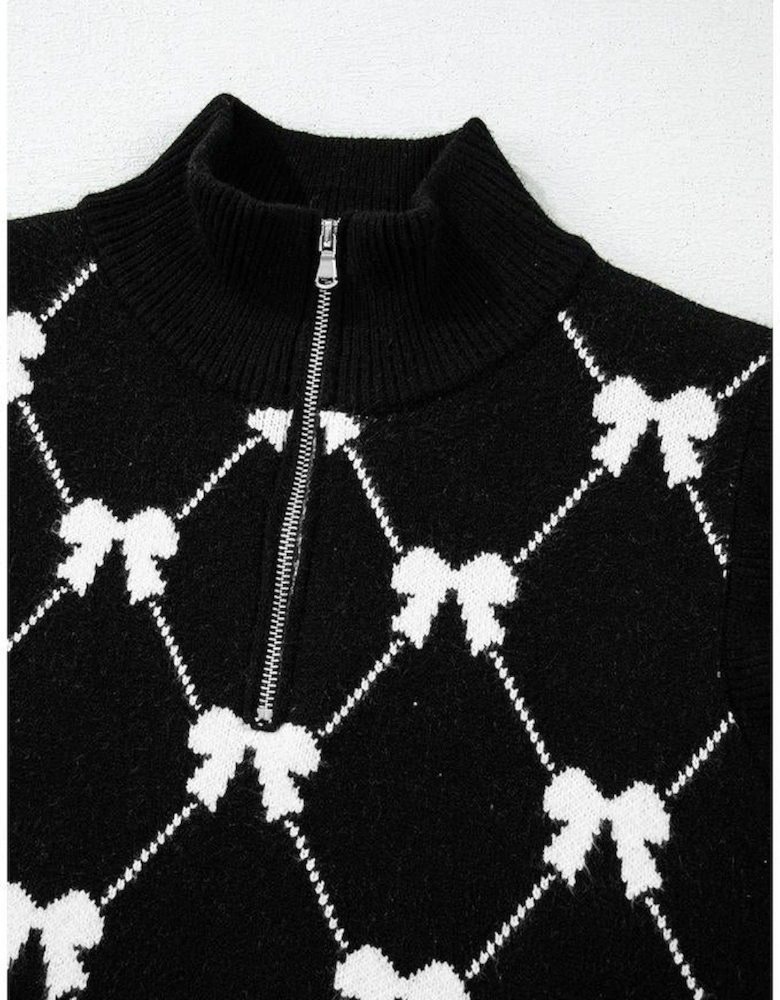 Black Preppy Vibes Bow Print Zipped Collar Sweater Tee