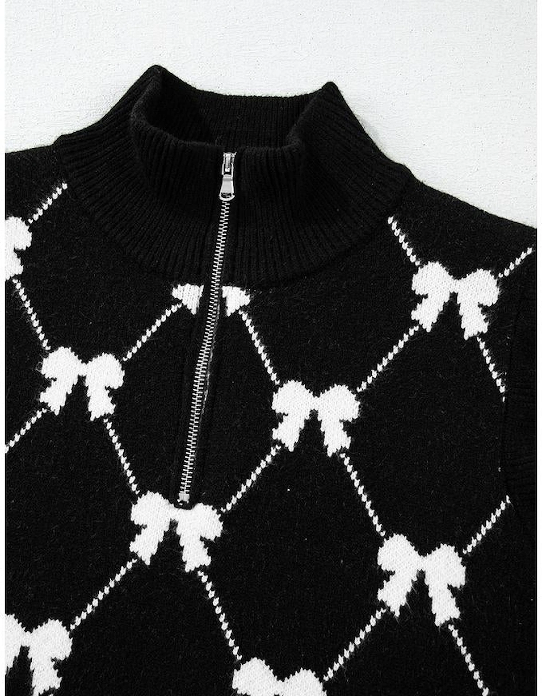 Black Preppy Vibes Bow Print Zipped Collar Sweater Tee