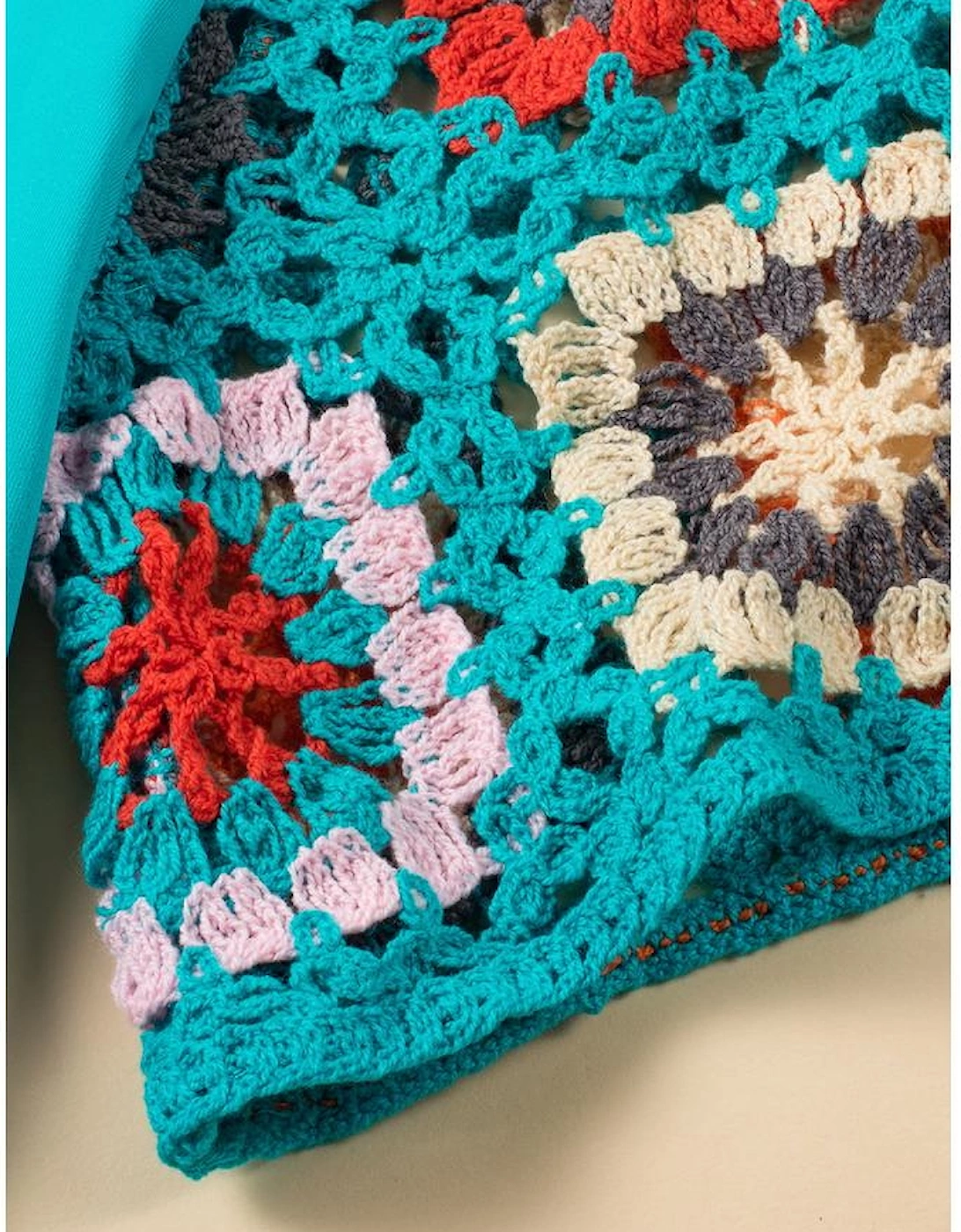 Turquoise Floral Crochet Short Sleeve Top