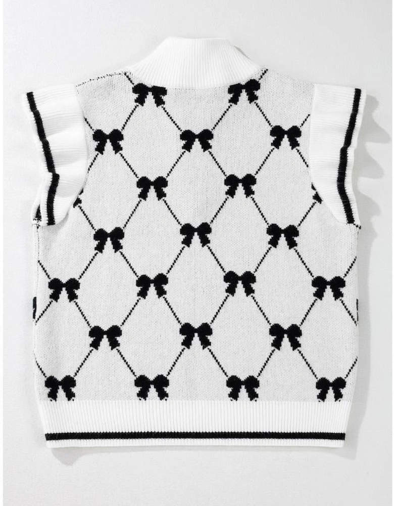 Black Preppy Vibes Bow Print Zipped Collar Sweater Tee