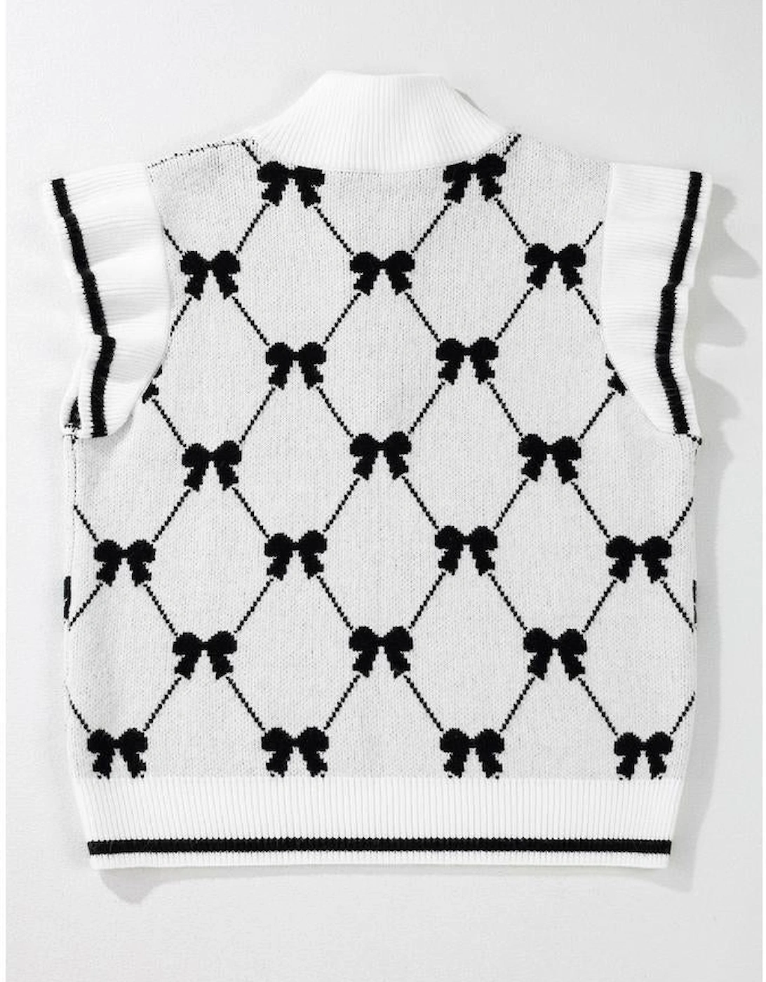 Black Preppy Vibes Bow Print Zipped Collar Sweater Tee