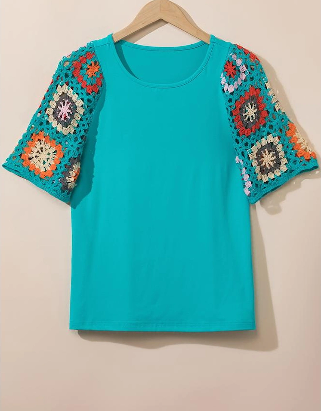 Turquoise Floral Crochet Short Sleeve Top