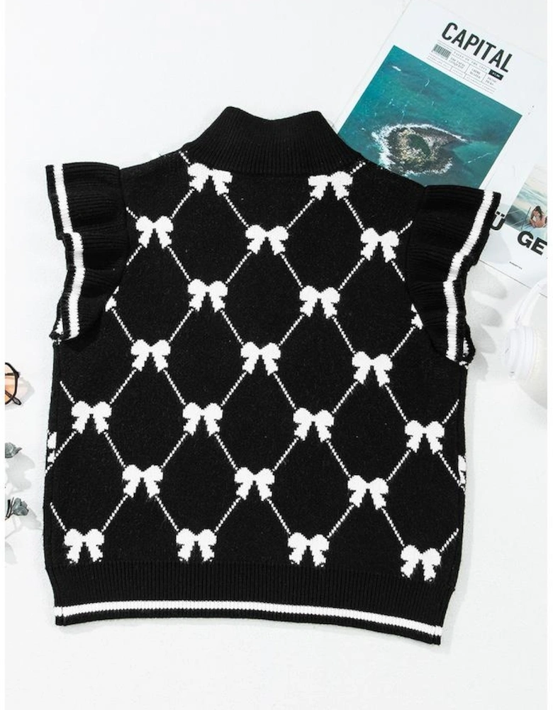 Black Preppy Vibes Bow Print Zipped Collar Sweater Tee