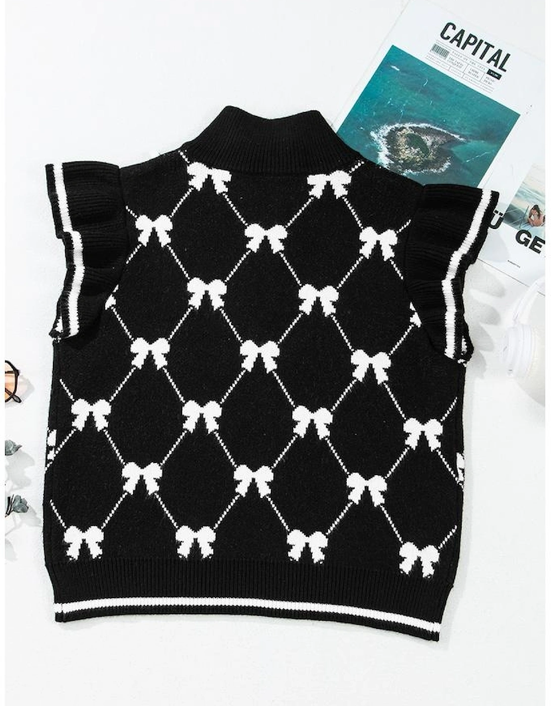 Black Preppy Vibes Bow Print Zipped Collar Sweater Tee