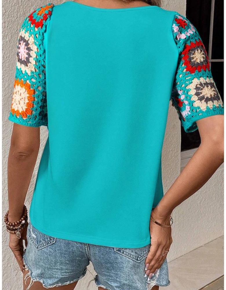 Turquoise Floral Crochet Short Sleeve Top