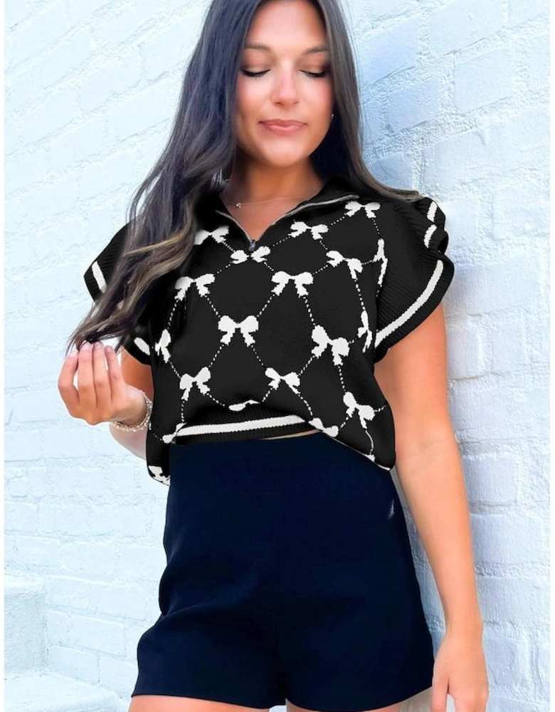 Black Preppy Vibes Bow Print Zipped Collar Sweater Tee